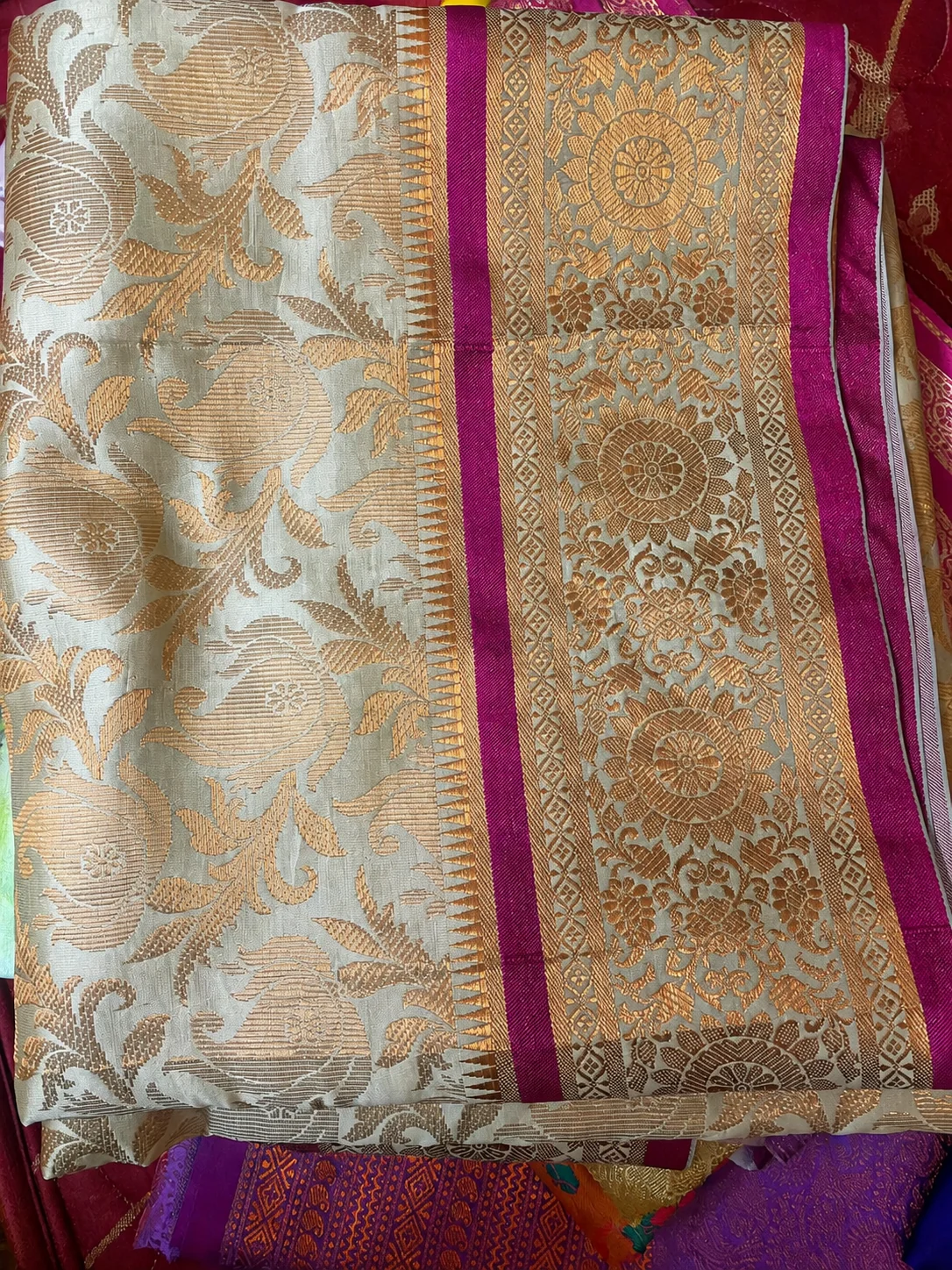 Sell old silk sarees for cash — cream and magenta zari-woven pattu saree
