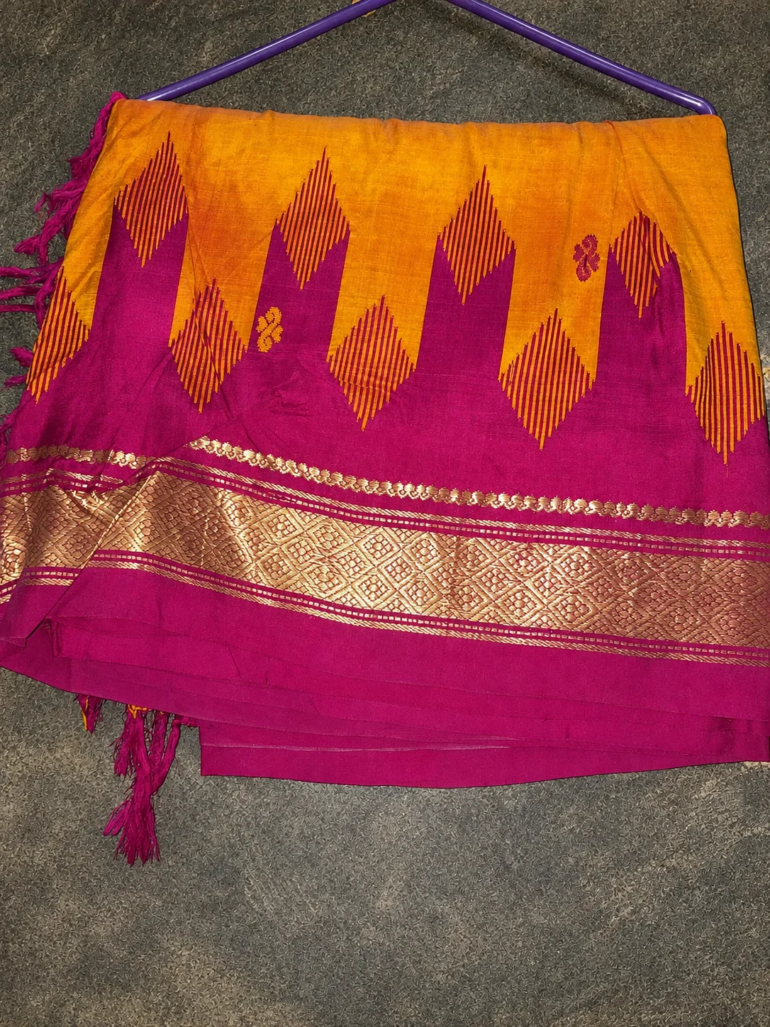 Sell old silk sarees for cash — pink and mustard silk saree with woven gold zari border